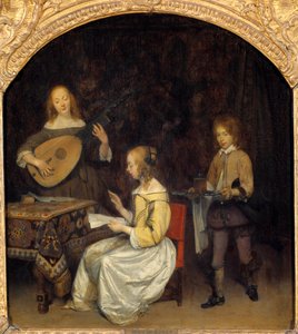 音乐会：Luth Theorbe 的歌手和演奏者。 Gerard Ter Borch (1617-1681) 绘画，荷兰学校 作者 杰拉德·特·博尔赫