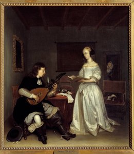 二人组； 歌手和琵琶演奏家 theorbo。 Gerard Ter Borch (1617-1681) 的绘画，荷兰人 作者 杰拉德·特·博尔赫