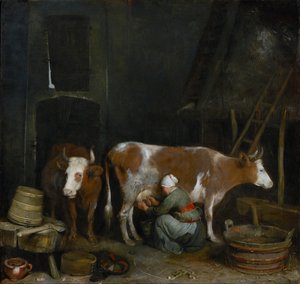 一位女佣在谷仓里挤牛奶，约1652-54年（面板上的油） 作者 杰拉德·特·博尔赫