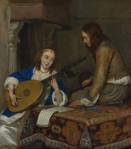 一个扮演Theorbo-Lute和骑士的女人，c.1658 作者 杰拉德·特·博尔赫