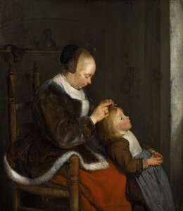 母亲梳理她的孩子的头发，被称为狩猎虱子，c.1652-1653 作者 杰拉德·特·博尔赫
