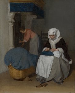 在摇篮旁边缝合的妇女，c.1656 作者 杰拉德·特·博尔赫