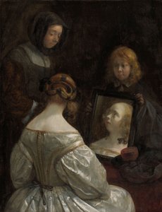 镜子的妇女，c。 1652 作者 杰拉德·特·博尔赫