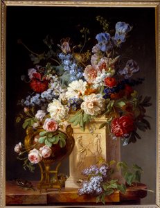 篮子和花瓶。 Gerard De Spaendonck (1746-1822) 的绘画