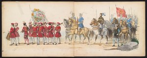 莱顿学生化妆舞会，1855 年（图版 14）
1855 年 6 月 12 日，为庆祝莱顿大学建校 280 周年，莱顿学生会成员举行了化装游行，描绘了查理五世进入荷兰的场景。 作者 杰拉杜斯·约翰内斯·博斯
