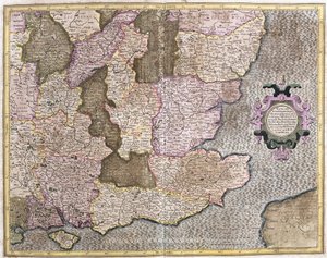 Southeast region of England including the British Channel and London (engraving 作者 杰拉杜斯·墨卡托