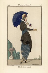 Woman in ruched dress and coat with hat and parasol 作者 格达·玛丽·弗雷德里克·韦格纳