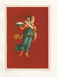 第九区中庭西侧的春天寓言壁画。V.11。 她拿着一篮子奶酪，肩上扛着一只羔羊。 彩色平版印刷机，J.G. 巴赫根据 Geremia Discanno 的 Emile Presuhn（1844-1878 年）插图绘制