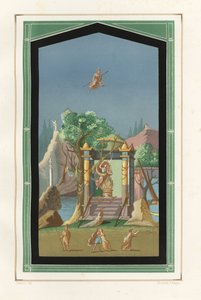 维索尼乌斯·普里穆斯 (Vesonius Primus) 宅邸中的埃塞德拉 (Exedra) 风景画，一幅富勒尔 (Fuller) 作品。 Victor Steeger 的彩色石版画，根据 Geremia Discanno 的插图，来自 Emile Presuhn（1844-1878），莱比锡庞贝古城最美丽的画作