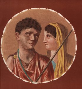 庞贝城一座身份不明的房子里的一男一女的肖像。 Victor Steeger 的彩色石版画，根据 Geremia Discanno 的插图，来自 Emile Presuhn（1844-1878），莱比锡庞贝古城最美丽的画作
