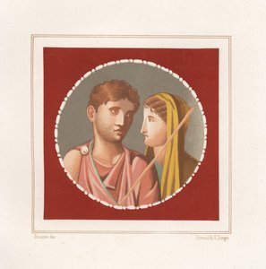 庞贝城一座身份不明的房子里的一男一女的肖像。 Victor Steeger 的彩色石版画，根据 Geremia Discanno 的插图，来自 Emile Presuhn（1844-1878），莱比锡庞贝古城最美丽的画作