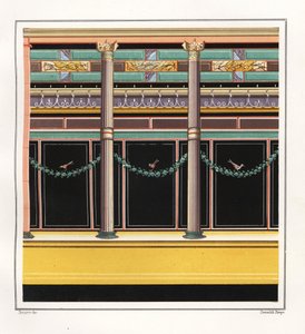 书信室房间的壁画。V，Ins.1，No.18。维克多-斯蒂格（Victor Steeger）根据埃米尔-普苏恩（Emile Presuhn，1844-1878 年）的《庞贝最美的画作》中 Geremia Discanno 的插图绘制的彩色石版画，莱比锡