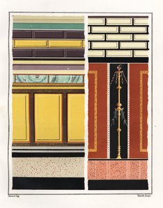书信室房间的壁画。V，Ins.1，No.18。左侧为中庭壁画，右侧为前厅壁画。维克多-斯蒂格（Victor Steeger）根据埃米尔-普苏恩（Emile Presuhn）的插图（1844 年）绘制的色版画。