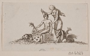 妇女、坐着的年轻人和独角兽的小插图 作者 格哈德·路德维格·拉德