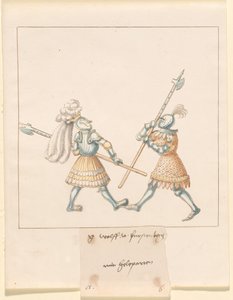 Freydal, 《马克西米利安一世皇帝的比武和锦标赛》：徒步战斗（比武）（第三卷）：G. Wolf von Fürstenberg mit Heleparten, Plate 141 作者 德国 16 世纪