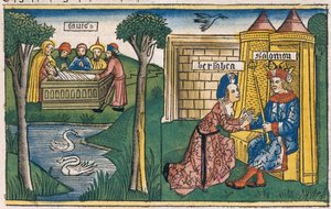 1 Kings 2 10-11大卫之死，和列王纪下19-25 Bathsheba要求所罗门让Abishag与纽伦堡圣经（Biblia Sacra Germanaica）嫁给Adonijah（彩色木刻） 作者 德国学校