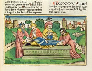 历代志下35 24约西亚的葬礼，来自纽伦堡圣经（Biblia Sacra Germanaica）（彩色木刻）