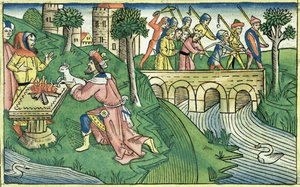 列王纪下16 9-16从纽伦堡圣经（Biblia Sacra Germanaica）（彩色木刻）中取出大马士革人民的俘虏 作者 德国学校