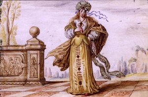 阳台上的珠光宝气的女人，约1640年（牛皮纸上的水粉画） 作者 德国学校