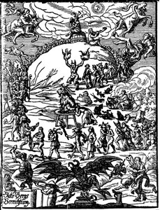 一个安息日仪式，一只代表魔鬼的山羊在中心，被女巫和恶魔包围。 16 世纪的德国版画 作者 德国学校