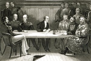 1841年7月4日在HMS Wellesley登上中国官员Bremod和Chang之间的Chusan会议 作者 德国学校