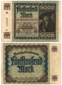 一张五千马克钞票，1922年（正面和反面） 作者 德国学校