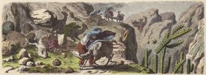 在安第斯山脉运输矿石的骆驼大篷车被卷入风暴中（彩色雕版画）。 作者 德国学校