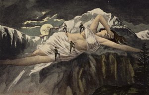 在月亮看起来（拼贴）时登山者攀登山腰的裸体女人