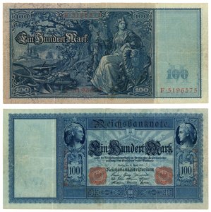 一百唛钞票，1910年（正面和反面） 作者 德国学校