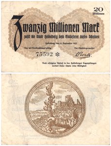 一张二千万大关的钞票，1923年（正面和反面） 作者 德国学校