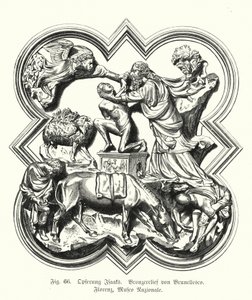 亚伯拉罕将他的儿子以撒献祭，菲利波·布鲁内莱斯基 (Filippo Brunelleschi) 的青铜浮雕（雕刻） 作者 德国学校