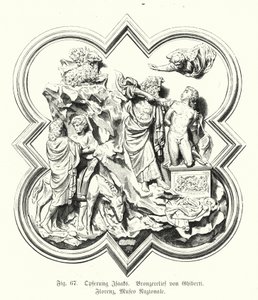 亚伯拉罕将他的儿子以撒献祭，洛伦佐·吉贝尔蒂（Lorenzo Ghiberti）的青铜浮雕（雕刻） 作者 德国学校