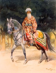一个身着传统服饰的武装战士骑在突厥人的马上，酒吧。1912. 作者 德国学校