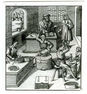 十六世纪早期的欧洲造币厂，来自 Der Weisskunig（雕刻） 作者 德国学校