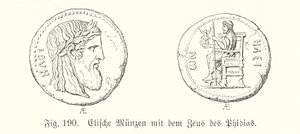 Ancient Greek coins from Elis bearing images of the Zeus of Phidias (engraving) 作者 德国学校