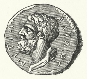 显示希腊诗人Alcaeus的头的古老硬币Mytilene 作者 德国学校