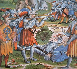 装甲士兵发射火柴锁的Arquebus，15世纪末（手绘木刻）。 作者 德国学校