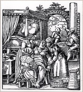 占星家为出生椅上的女性生下的孩子投了一个星座，来自Jacob Rueff的De Conceptu et Generatione Hominis，于1587年在法兰克福出版 作者 德国学校