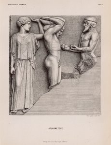 Atlas bringing Heracles the Apples of the Hesperides in the presence of Athena, metope from the Temple of Zeus, Olympia, Greece (engraving) 作者 德国学校