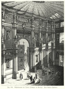 意大利皮亚琴察奥林匹克剧院的礼堂和舞台，由 Andrea Palladio 设计（雕刻） 作者 德国学校