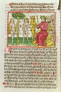Belial将亚当和夏娃呈现给所罗门，插图来自Das Buch Belial的德语翻译，1473年（彩色木刻） 作者 德国学校