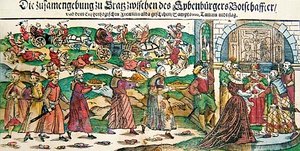 关于1595年3月奥地利大公夫人玛丽亚-克里斯蒂娜与西本布尔根（特兰西瓦尼亚）王子西吉斯蒙德-巴托里的大使的代理婚姻以及1595年8月的卡鲁格勒尼战役的小报报道和插图，约1页 作者 德国学校
