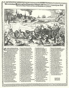 描绘耶稣会士在 1620 年三十年战争开始时被驱逐出波希米亚和匈牙利的卡通图（版画） 作者 德国学校