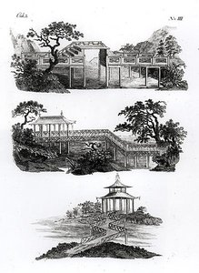 中国风格的桥梁，摘自1779年出版的《花园的最新创意》（雕刻）（黑白照片）。 作者 德国学校