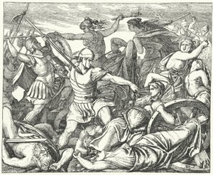 Cimbrian women defending their baggage train against attacking Roman soldiers, late 2nd Century AD (engraving) 作者 德国学校