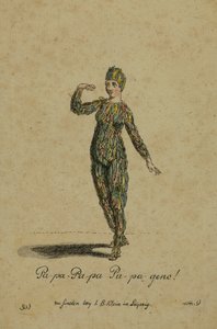 Papageno在歌剧中扮演角色的服装设计由Wolfgang Amadeus Mozart创作的魔笛，于1993年由IB Klein在莱比锡出版（彩色版画） 作者 德国学校