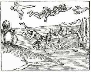 代达罗斯与他的儿子伊卡洛斯逃离克里特岛，看到他堕落，1493年（木版画） 作者 German School