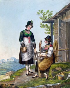 19世纪初泰根湖附近的阿尔卑斯山的奶业（彩色雕刻） 作者 德国学校