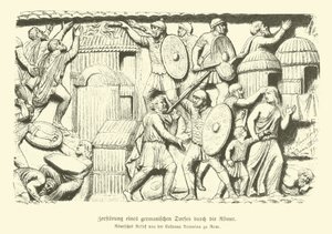 Destruction of a Germanic village by Roman soldiers (engraving) 作者 德国学校