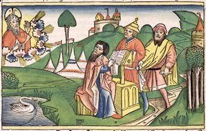 申命记：上帝制定法律的主题，来自纽伦堡圣经（Biblia Sacra Germanaica）（彩色木刻） 作者 德国学校